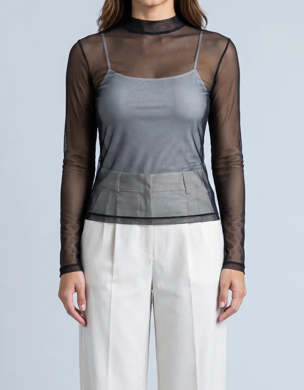 Blusa de Tule Gola Alta, cor Preto, vista de frente