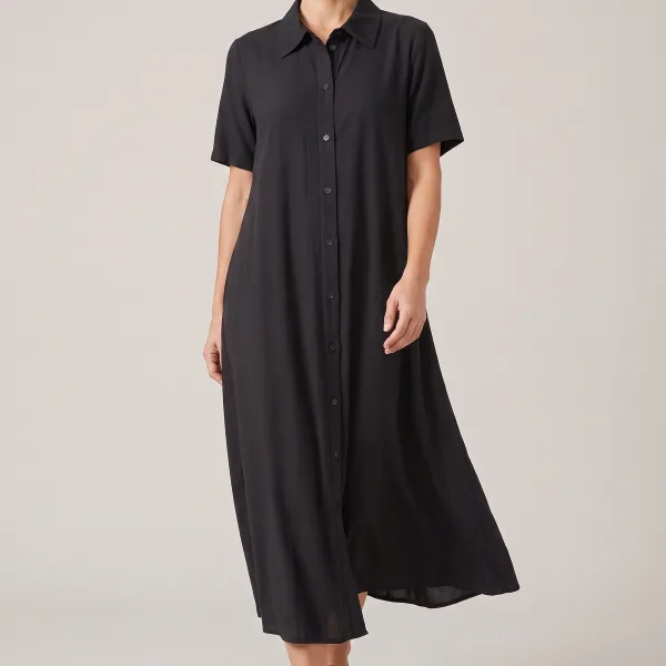 Vestido Chemise Midi, cor Preto, caimento de perto
