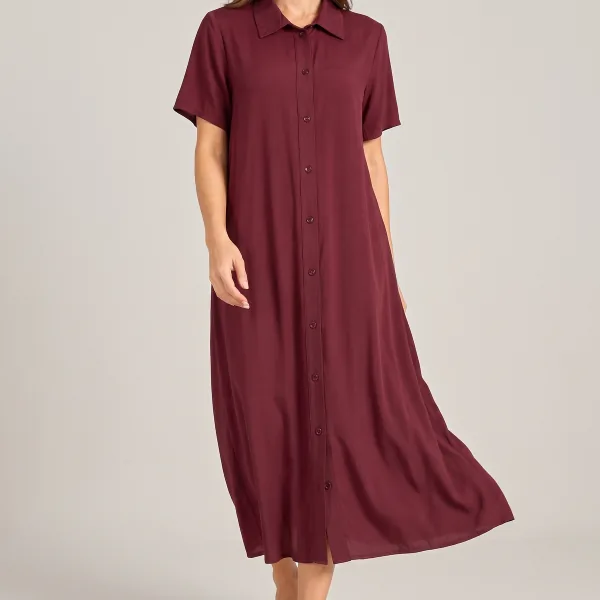 Vestido Chemise Midi, cor Vinho, caimento de perto