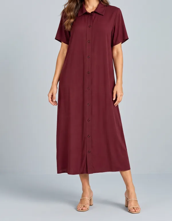 Vestido Chemise Midi, cor Vinho, vista de frente