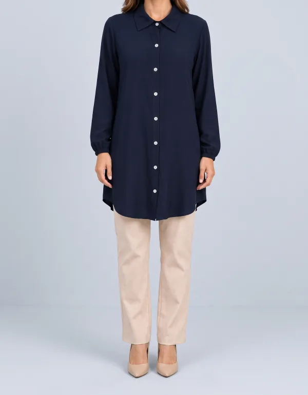 Chemise Viscolinho Manga Longa, cor Azul-marinho, vista de frente