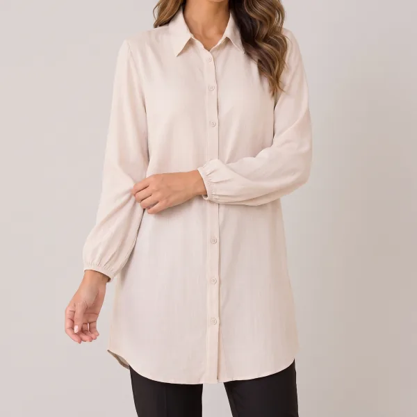 Chemise Viscolinho Manga Longa, cor Off-white, caimento de perto