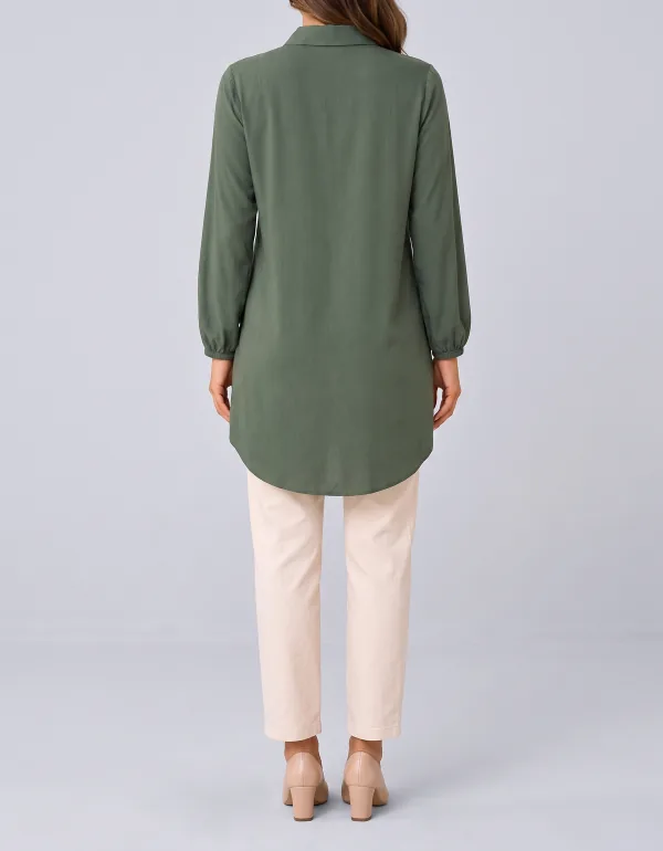 Chemise Viscolinho Manga Longa, cor Verde militar, vista de costas