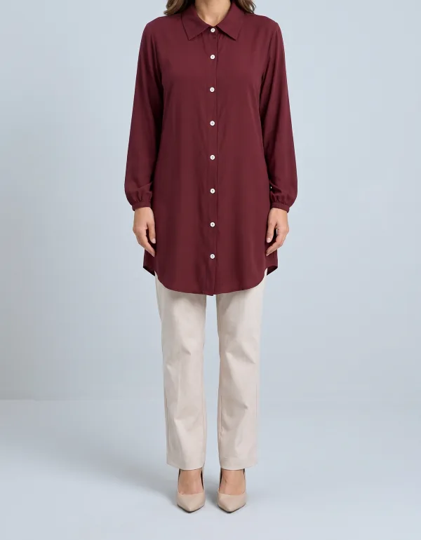 Chemise Viscolinho Manga Longa, cor Vinho, vista de frente